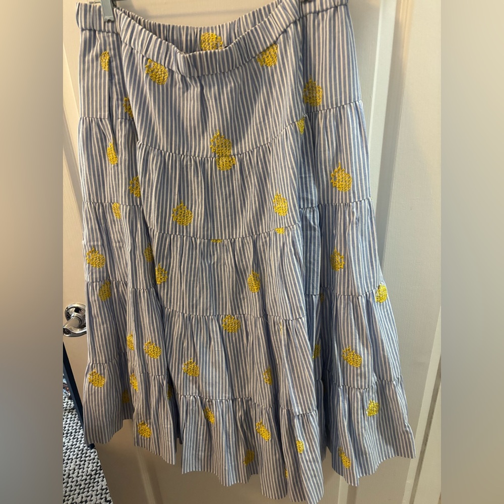 Jcrew striped blue lined midi skirt pineapples size large - Picture 4 of 5